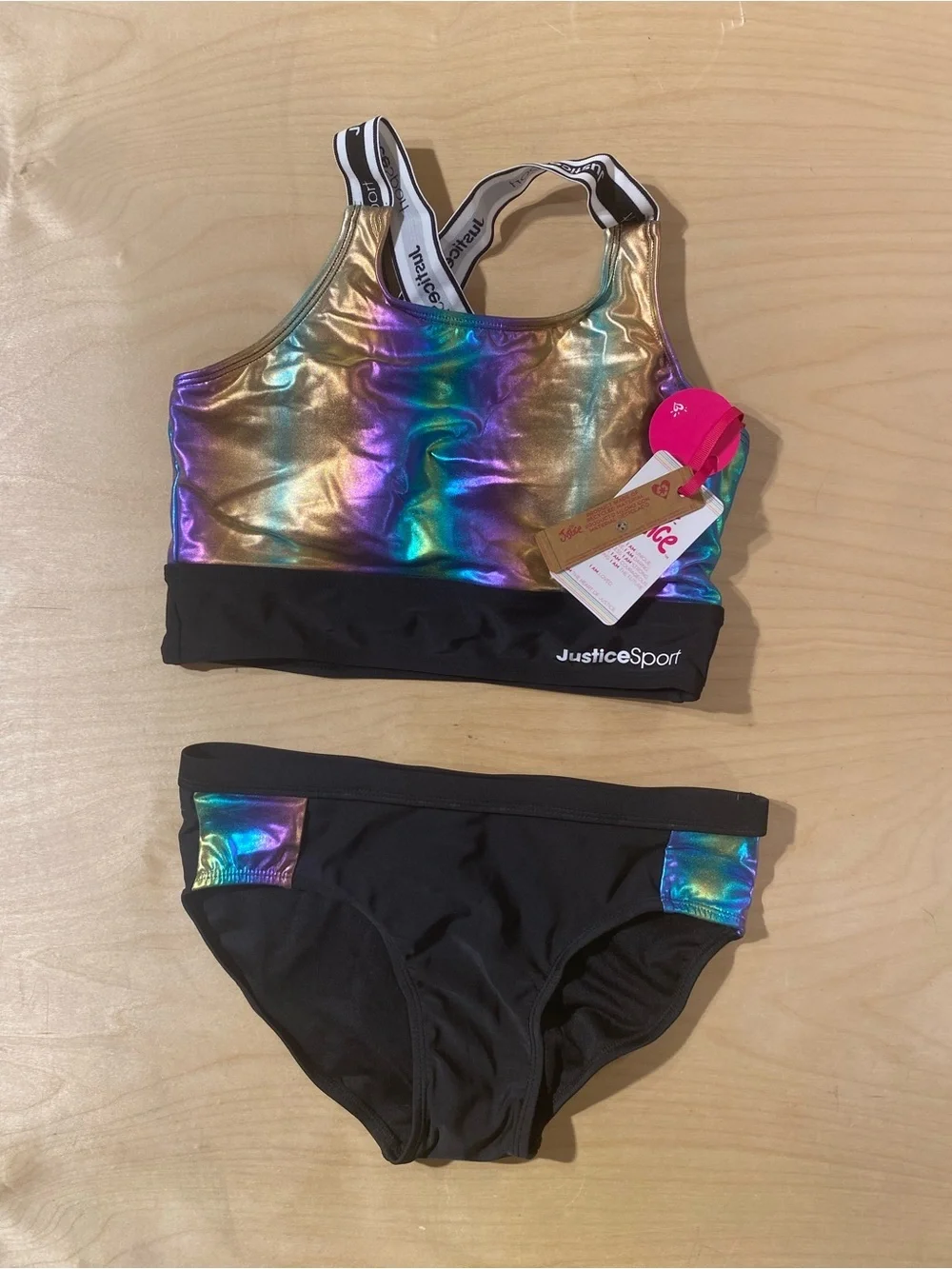 Justice Sport Girls' Holographic Gold Rainbow Sports Bra & Bikini Set XL (RF)